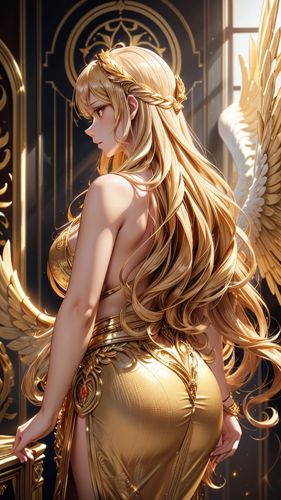 Flowing wavy hair, golden hair accessories, gold decoration on white translucent fabric, large gold wings, standing pose, deep shadows reflected by dramatic lighting from the side, indoor setting, fantastic and mysterious atmosphere, detailed texture, balanced exposure, close-up view.