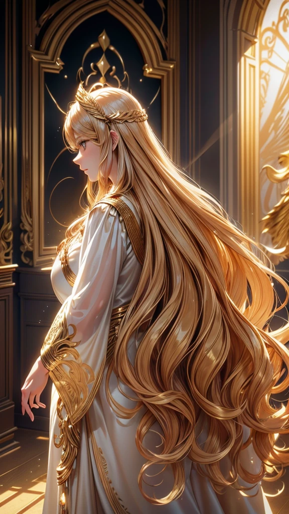 Flowing wavy hair, golden hair accessories, gold decoration on white translucent fabric, large gold wings, standing pose, deep shadows reflected by dramatic lighting from the side, indoor setting, fantastic and mysterious atmosphere, detailed texture, balanced exposure, close-up view.