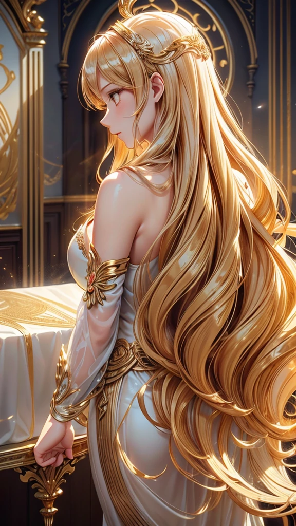 Flowing wavy hair, golden hair accessories, gold decoration on white translucent fabric, large gold wings, standing pose, deep shadows reflected by dramatic lighting from the side, indoor setting, fantastic and mysterious atmosphere, detailed texture, balanced exposure, close-up view.