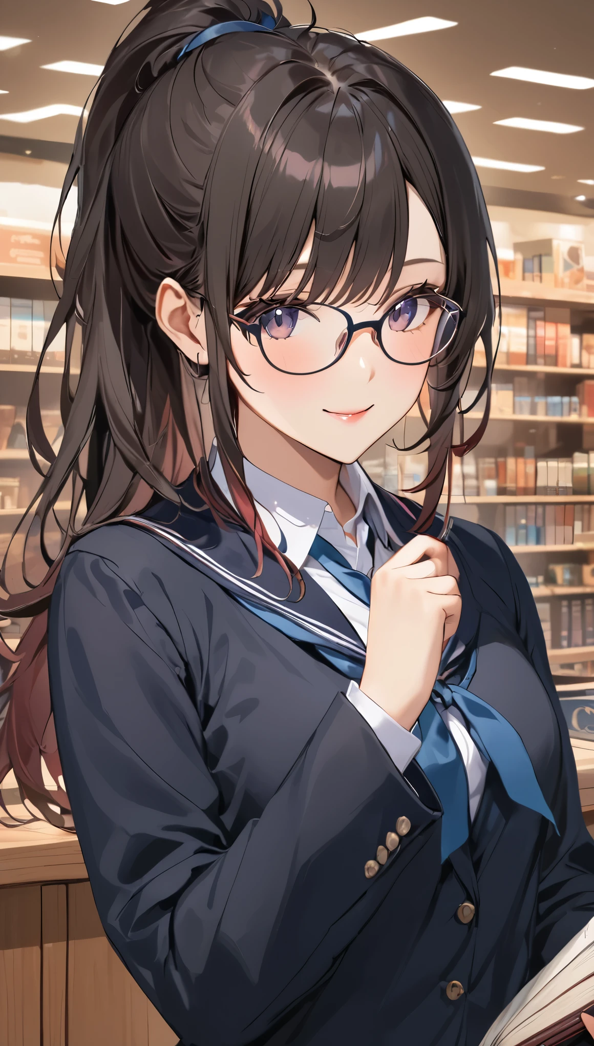 (masterpiece), One Girl, Wearing glasses, (((Cowboy Shot))), Black Hair, older sister, Tie your hair in a ponytail, Smile at the speaker, High-quality images, school uniform, beautiful girl, book store