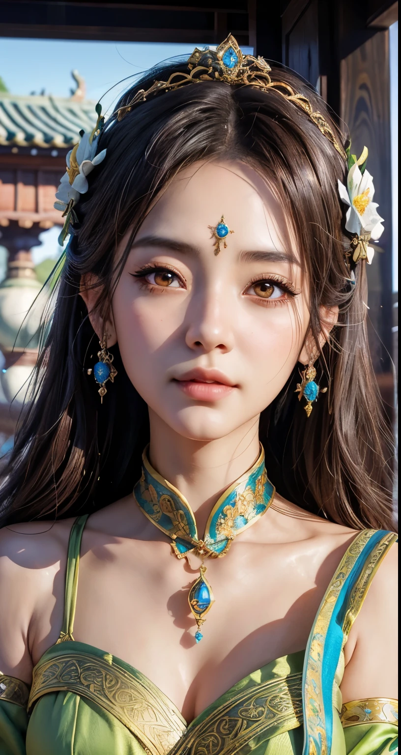 a close up of a woman with a tia on her head, intricate ornate anime cgi style, 4 k detail fantasy, anime cgi, cinematic goddess close shot, inspired by Li Mei-shu, a beautiful fantasy empress, inspired by Lan Ying, smooth anime cg art, close up character, hyperdetailed fantasy character, game cg, ruan jia and artgerm