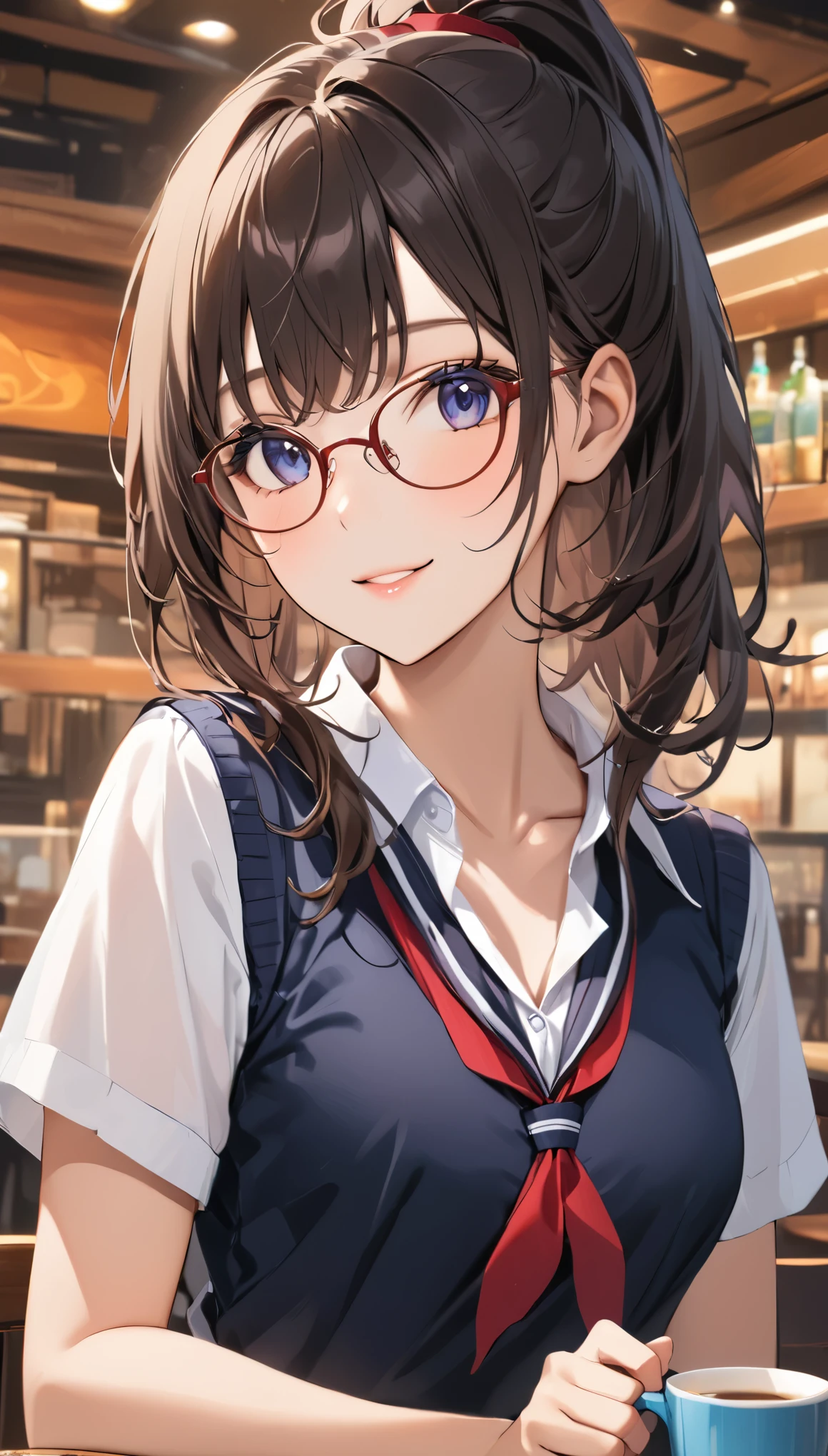 (masterpiece), One Girl, Wearing glasses, (((Cowboy Shot))), Black Hair, older sister, Tie your hair in a ponytail, Smile at the speaker, High-quality images, school uniform, beautiful girl, Cafe