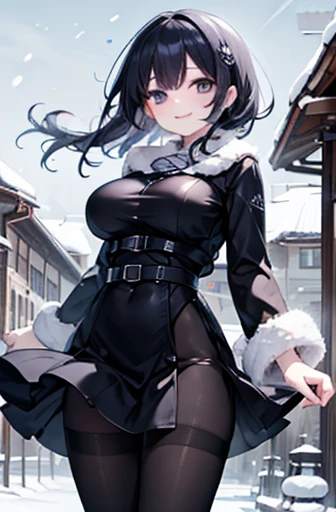 full body photo of a beautiful naked woman wearing white fur coat hat stockings boots and gloves, winter, snow, nipple to crotch chain