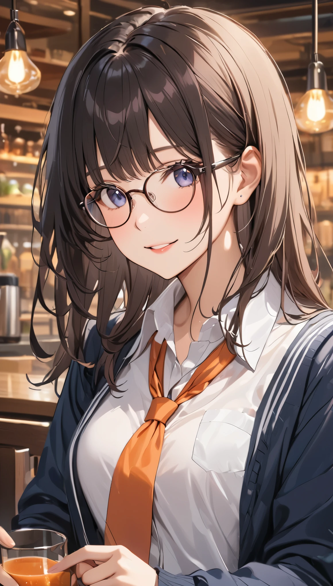 (masterpiece), One Girl, Wearing glasses, (((Cowboy Shot))), Black Hair, older sister, Tie your hair in a ponytail, Smile at the speaker, High-quality images, school uniform, beautiful girl, Cafe