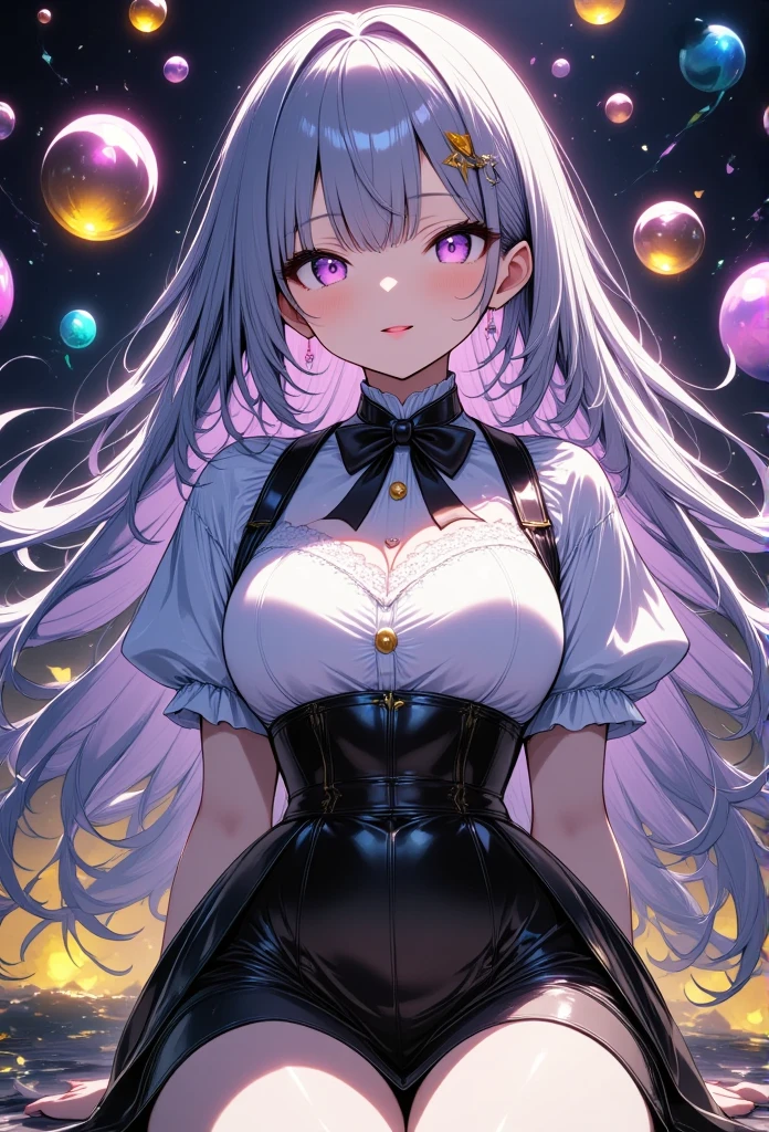 Young beautiful woman,(Best Quality,Extremely detailed depiction,Incredibly absurd high definition,Anatomically accurate,Beautiful legs,Porcelain-like skin,High quality anime drawings:2.0),(Black and white gothic maid outfit:2.0,Maid Skirt,corset,Black tights),eyelash,(Silver Hair,Purple Eyes,Eyes half closed:2.3,Unfriendly expression,Large Breasts,Glossy black lips:2.0,Heavy makeup),(whole body),background:Castle,Dramatic lighting,Volumetric lighting,Lots of big rainbow bubbles:2.0,Mysterious atmosphere