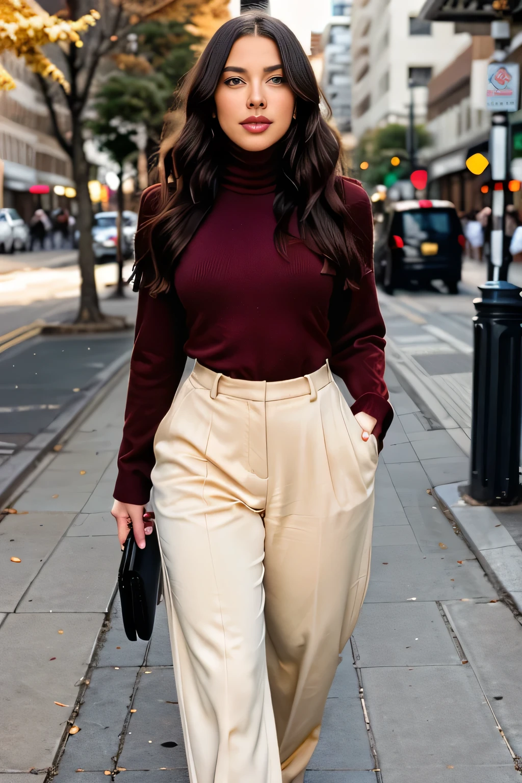 “Imagine scrolling through TikTok and stumbling upon this breathtaking autumn fashion look: a stunning model with flawless, soft waves in her hair, dressed in a cozy yet chic outfit. She’s rocking a deep burgundy turtleneck tucked into high-waisted beige trousers, paired with sleek black ankle boots. The whole vibe is perfect for fall—golden leaves scattered on the sidewalk, the soft glow of the afternoon sun, and her confident, effortless walk down a city street. It’s the kind of outfit that’s elegant but wearable, something you can totally see yourself in. If you’re into fashion that blends comfort and style for the cooler months, this video is so satisfying to watch.