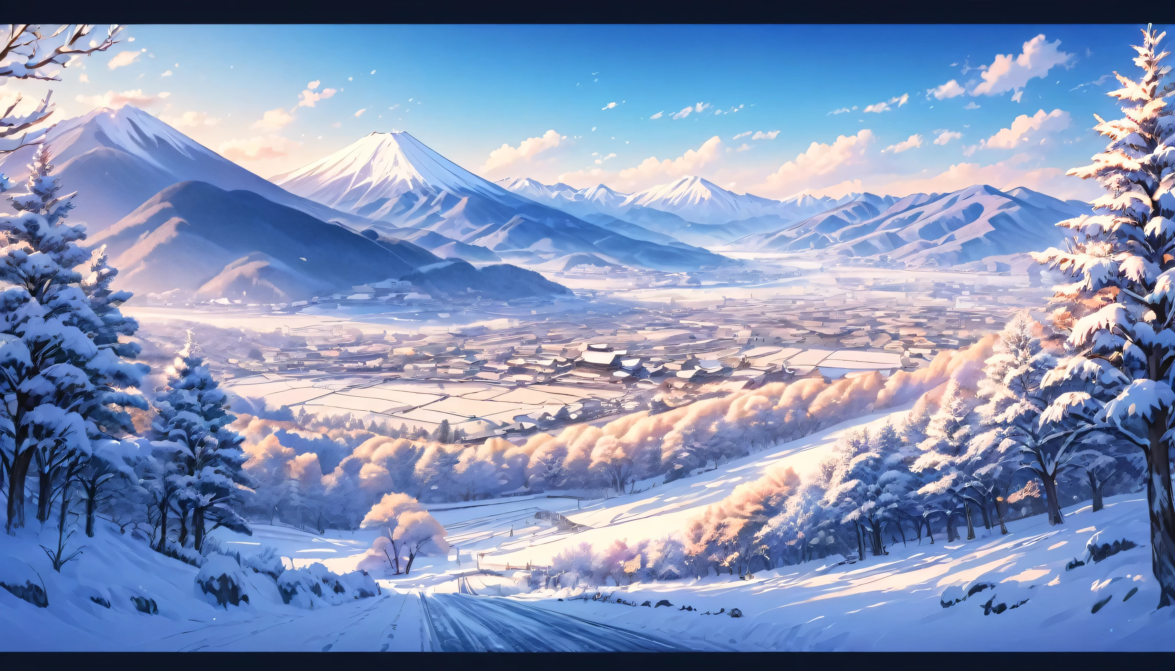 intricate detailed illustration of a beautiful winter landscape in japan,detailed clothing,snowy environment,snow covered trees,mountains in background,warm lighting,vibrant colors,cinematic composition,photorealistic,8k,best quality,masterpiece