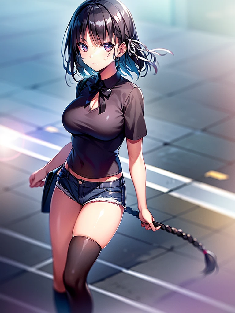 official art, game cg, hokusai_\fgo\), ((topless)), nsfw, masterpiece, long black skirt, fishnet stockings, punk, belt, solo, 1 girl, erect nipples, nipples, navel, bare breasts, bare stomach, full body, city, wall graffiti, brick wall, alley, night, wall art, thin body, collarbones, slim waist, purple hair, short fluffy hair, detailed eyes, beautiful eyes, purple eyes, head ribbons, pale skin, thigh slit, leg straps, gold bracelet, smiling, sweaty body, looking away, bored, smoking pipe, body graffiti, choker, slim body, back against the wall, tall