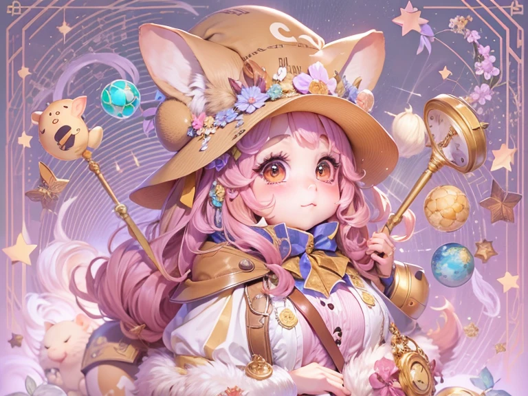 (masterpiece, Best Quality, Anatomically correct, hamsterになったひつじちゃん:girl:Fluffy pink long hair:Thick eyebrows:ピンクのWizard&#39;Clothes), ふわふわでcute, Fluffy Art, 魔法で戦うhamster, (hamsterWizard:Wizard&#39;Clothes:magician&#39;Cane:Wizard&#39;hat:detailed), Use of magic, Magical Effects, Optics, colorful, Fluffy hamsters, Show all,Chibi, cute, 超fun, fun, The cutest hamster, hamster