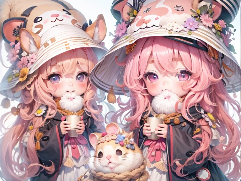 (masterpiece, Best Quality, Anatomically correct, hamsterになったひつじちゃん:girl:Fluffy pink long hair:Thick eyebrows:ピンクのWizard&#39;Clothes), ふわふわでcute, Fluffy Art, 魔法で戦うhamster, (hamsterWizard:Wizard&#39;Clothes:magician&#39;Cane:Wizard&#39;hat:detailed), Use of magic, Magical Effects, Optics, colorful, Fluffy hamsters, Show all,Chibi, cute, 超fun, fun, The cutest hamster, hamster