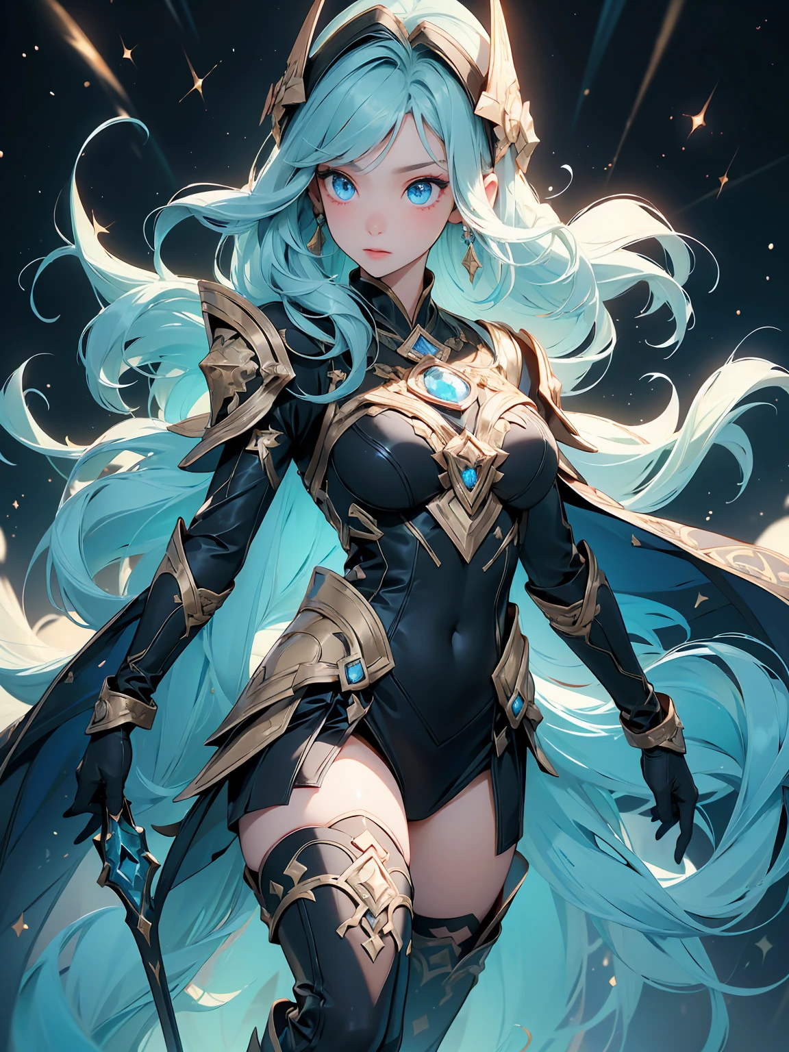 4K, masterpiece, High resolution, Absurd,, edg thunderstruck, a woman with a blue and gold armor ,wearing edg thunderstruck_armor, electrified, Controlling Lightning,  