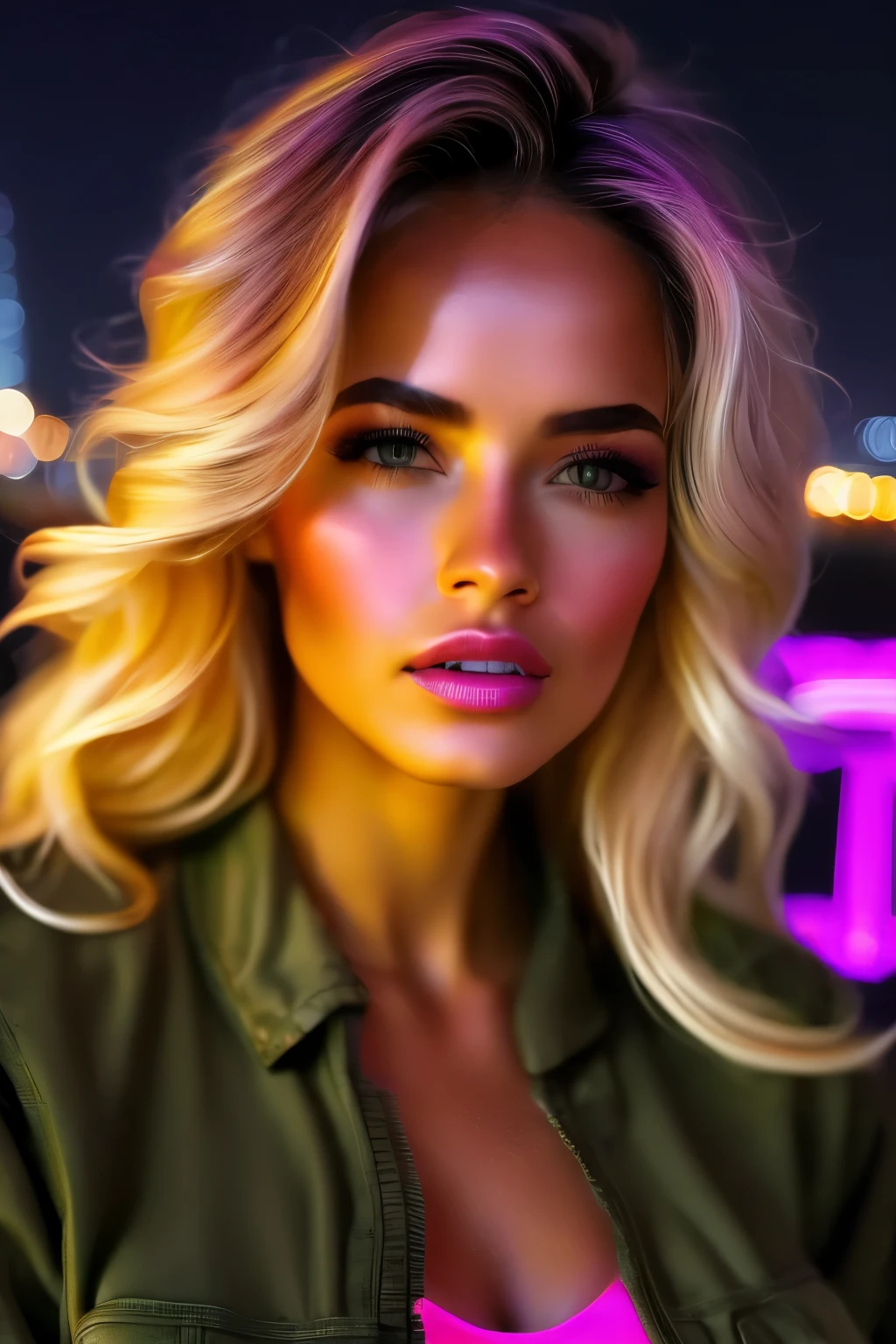 beautiful woman (Ay4S4m4h4-340:.99), beautiful hair, ((portrait)), (closeup:1.2), ((from the waist up)), (( A vibrant, neon-lit Dubai skyline at night :1.2)) , natural skin texture, (( Cropped Cargo Jacket :1.2)), 24mm, 4k textures, soft cinematic light, adobe lightroom, photolab, hdr, intricate, elegant, highly detailed, sharp focus, ((((cinematic look)))), soothing tones, insane details, intricate details, hyperdetailed, low contrast, soft cinematic light, exposure blend, hdr, faded, now, ("I've got a bad feeling about this.":1.1)