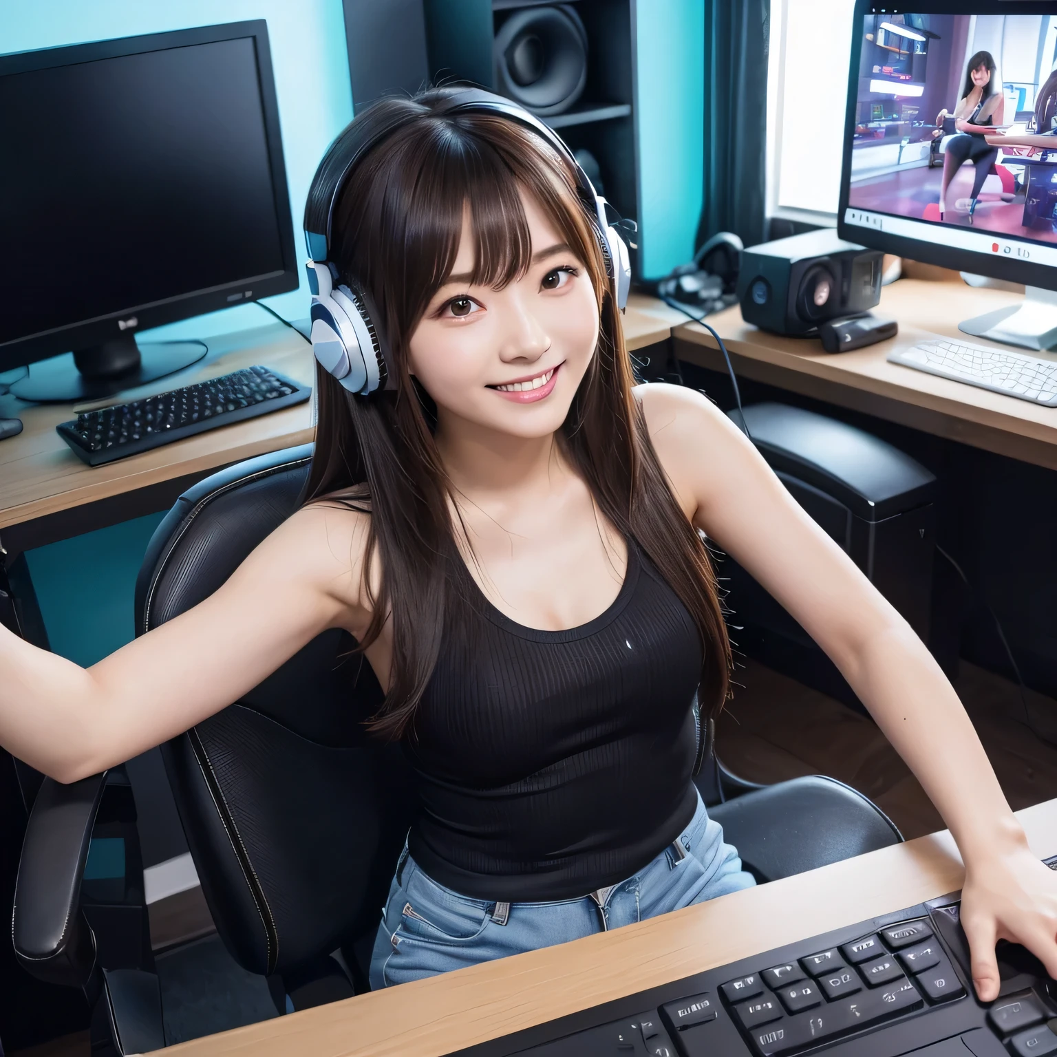 She held the controller tightly, her curly brown hair falling lightly over her shoulders as she concentrated on the match. Gamer headphones wrapped around your ears, isolating her from the surrounding noise as she positioned herself comfortably in her dedicated gaming space. ao redor, shelves full of games and posters of your favorite titles created a welcoming and familiar atmosphere. On the screen in front of you, Detailed graphics and immersive sound effects complemented the atmosphere of competition and strategy. His face expressed determination and focus, a clear reflection of your passion for the challenges and fun that games offer.