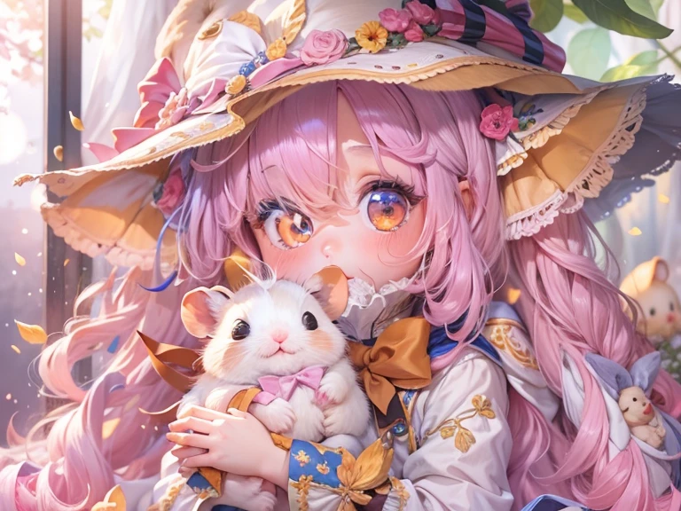 (masterpiece, Best Quality, Anatomically correct, hamster少女, hamsterになったひつじちゃん:girl:Fluffy pink long hair:Thick eyebrows:ピンクのWizard&#39;Clothes), ふわふわでcute, Fluffy Art, 魔法で戦うhamster, (hamsterWizard:Wizard&#39;Clothes:magician&#39;Cane:Wizard&#39;hat:detailed), Use of magic, Magical Effects, Optics, colorful, Fluffy hamsters, Show all,Chibi, cute, 超fun, fun, cutehamster, hamster