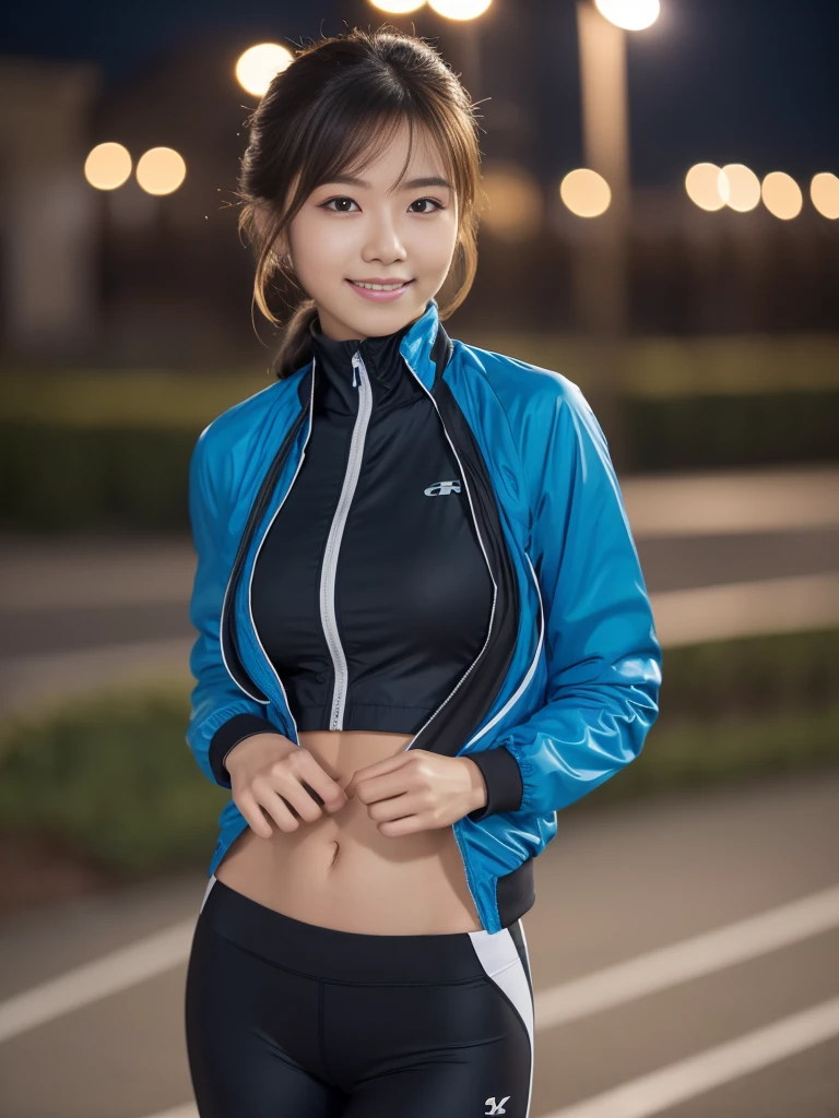 Full Body Shot, (Late-night secret meeting)
break, 
(Nylon jacket over training wear:1.2), 
break, 
View your viewers, Japanese female university student, (One Woman:1.2), She is very beautiful, Glowing Skin, Perfect Face, Cute and symmetrical face, Slender figure, 
break, 
((Updo:1.2)), Medium Hair, Wavy Hair, Makeup, 
break, 
((Outdoor:1.4)), (Night view), (Captivating smile:1.2), (8k, RAW Photos, Best Quality, masterpiece:1.2), (Realistic, Photorealistic:1.4), Very detailed, Shallow depth of field, Beautiful Hair, Beautiful Face, Beautiful attention to detail, Real Skin, Beautiful fingers, Perfect Anatomy, Perfect legs, Perfect hands, Perfect Eyes, Perfect body, double eyelid, (Natural Side Lighting, Cinema Lighting), 