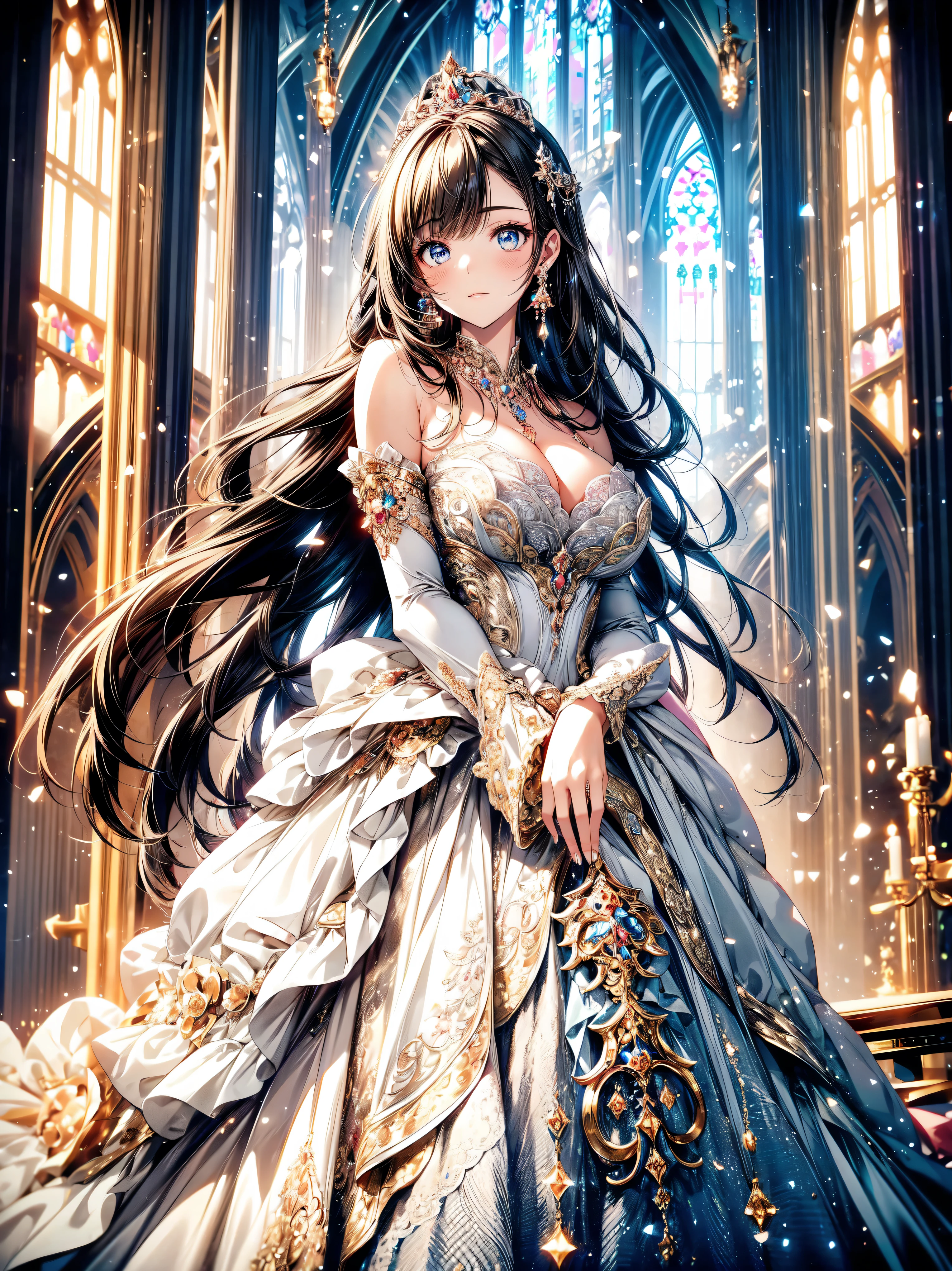 ((Highest quality)),(Ultra-high resolution),(Super detailed),(Detailed Description),((The best CG)),(masterpiece),Highly detailed art,(Art with precise detail:1.5), (Lady:1.5),smile:1.4,(A gorgeous dress with a gorgeous design:1.9),(Off the shoulder:1.3),Evening Gloves:1.5, Stained glass:1.4,Candles:1.4,Sparkling chandeliers, Particles of light pouring down:1.1