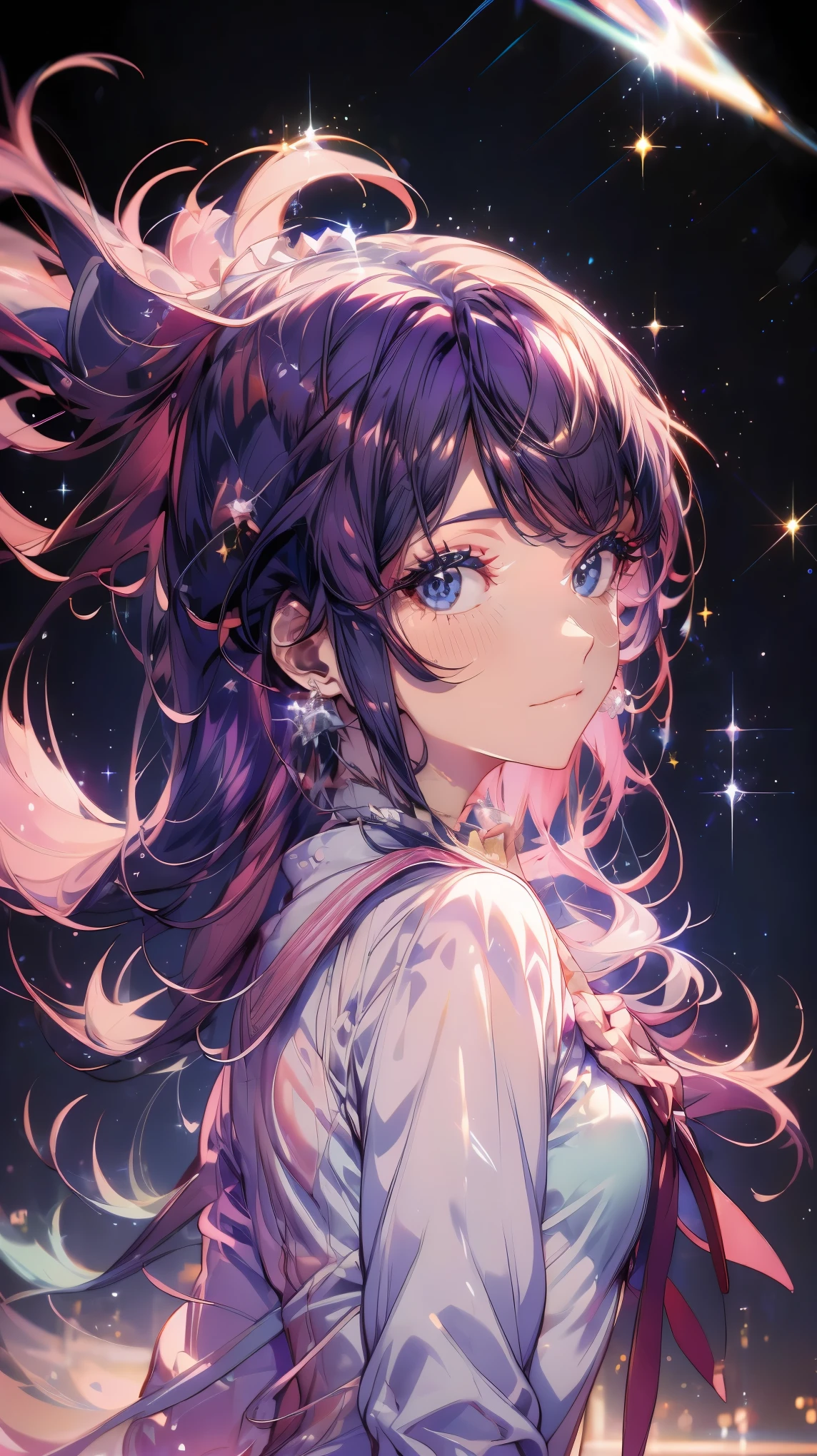 (masterpiece), high detail, Super detailed, Ultra-high resolution, 4K, Shining like a star, Floating in the night sky, Cool look, Watching over us, Shining Star々, Bringing Happiness, Wearing a sailor uniform, High school girl, Jewel-like purple hair, Sparkling eyes, Wear an aura, Zoom out, Fantastic Background, Watercolor,