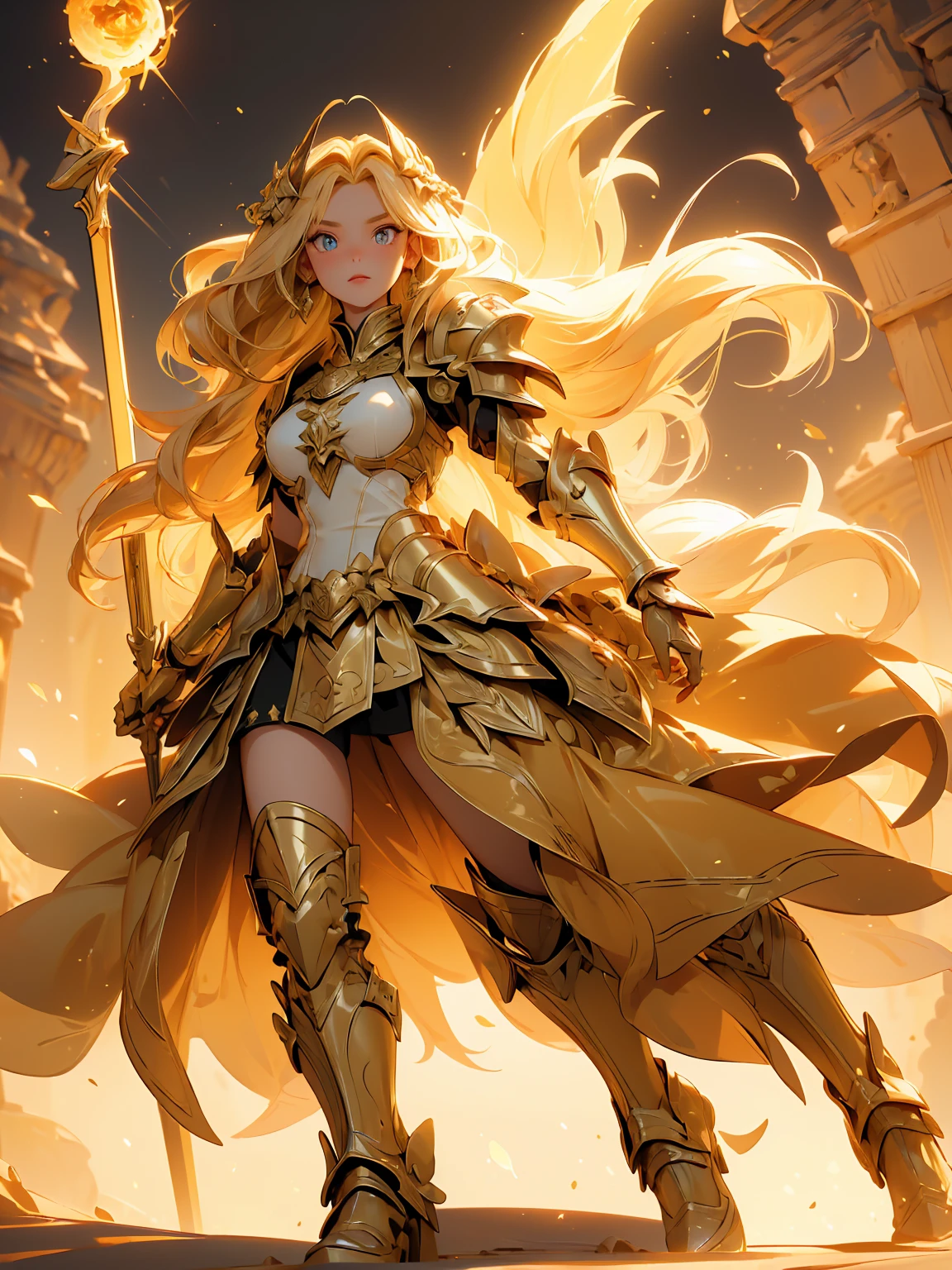 masterpiece, best quality, Intricate, High Detail, busty waifu on a battlefield, (golden armor:1.4), huge sword, horse, flames, chaos
