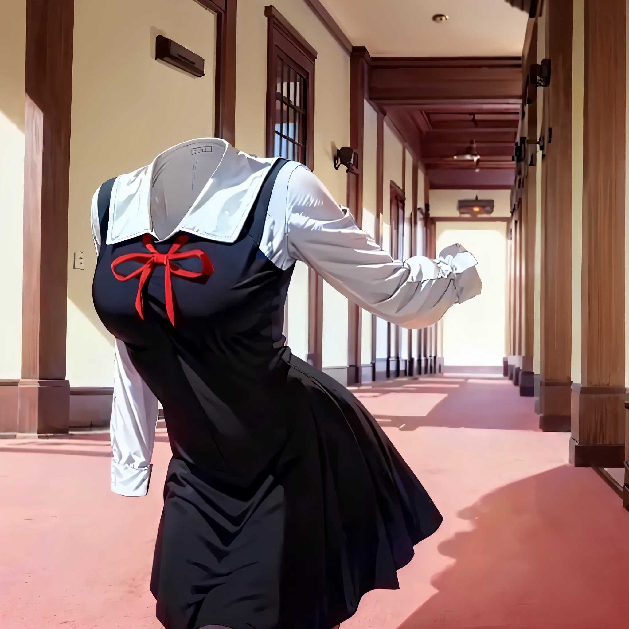 (invisible, no humans, headless, handless, faceless:1.4), (8K, Highest quality, masterpiece:1.2), fujiwara_chika, large breasts, dress, shuuchiin academy school uniform, black dress, collarbone, red ribbon, in classroom, cute pose, close-up shot of breasts, leaning forward