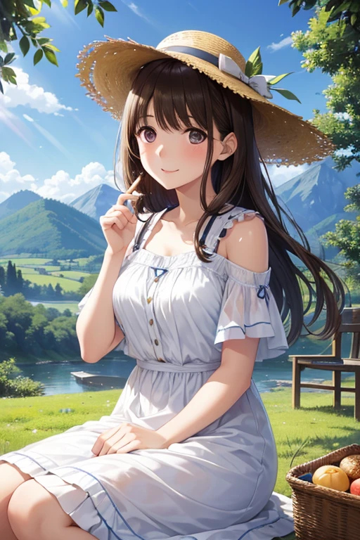 Obra maestra, mejor calidad, high resolution, chi1, 1 chica, pelo largo, trenza, one side up, solo, blusa blanca lisa con cuello alto, Falda a cuadros verde hasta la rodilla, golpes, al aire libre, sonrisa, pendientes, sosteniendo una bolsa