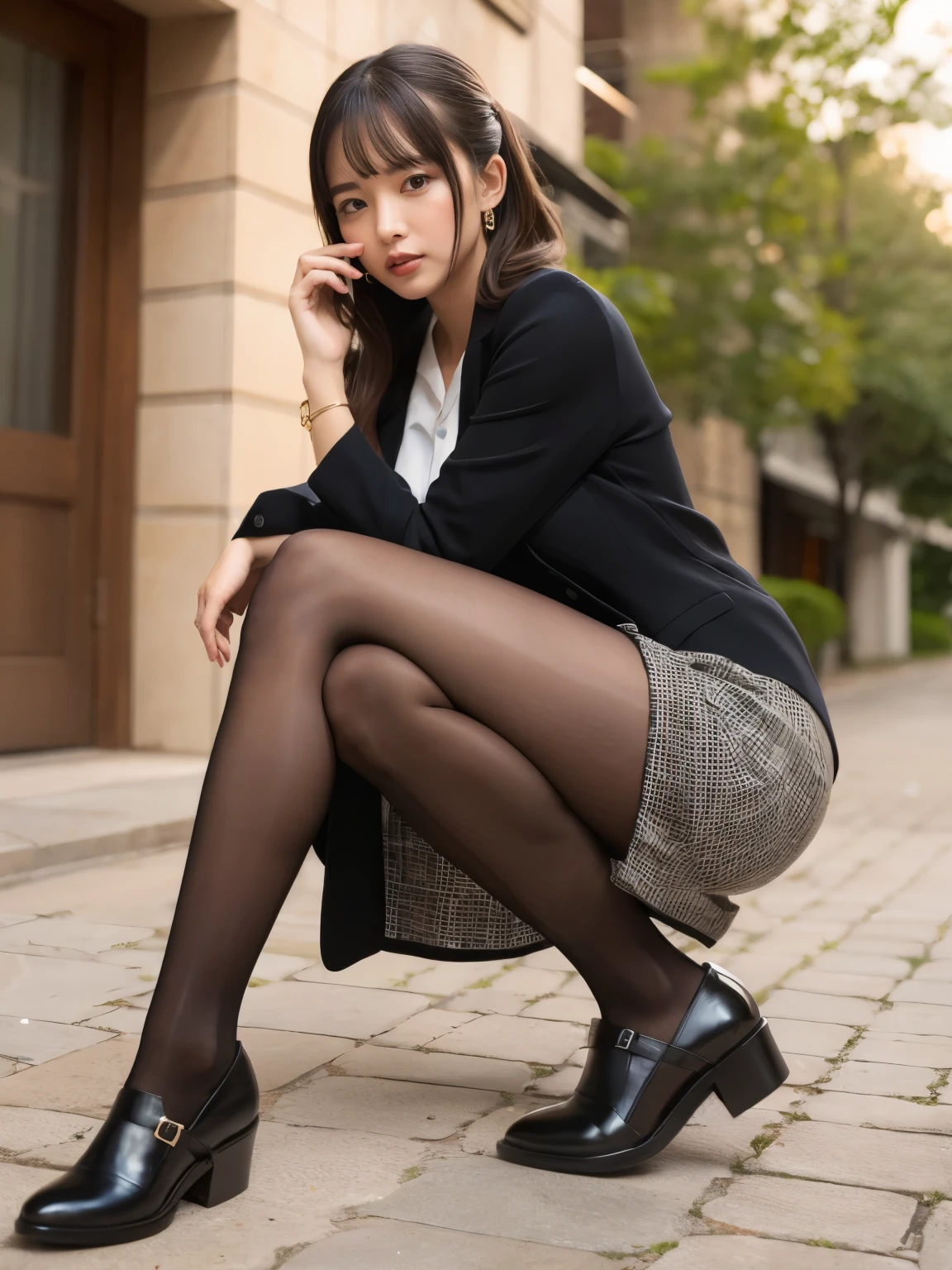Ultra-realistic 8K、nffsw、perfectionな顔、perfection、clean、masterpiece、professional artwork、famous works、perfectionな顔、beautiful expression、美しいeye、((perfectionな女性の身体))、solo、(An immersive atmosphere、chiaroscuro:1.5、professional lighting) 、(blush:0.5)、fascinating look、very detailed_eye、thick tight、thin ankles、big and full breasts、 Beautiful and detailed background、Depth of the bounds written、realistic:1.3、long shot、1 girl in Japan、Japanese idol face、shirt with buttons、short blitz skirt、suit、Bustling streets of the city at night、Full body Esbian、 (ambient light:1.3)、(movie-like works:1.3)、、(nffsw:0.1)、accent lighting、((beige pantyhose:1.3))、(sandals)、office lady、beautiful feet、black haired、short hair、cute earrings、(half squat), spread your legs、White high leg panties under pantyhose、