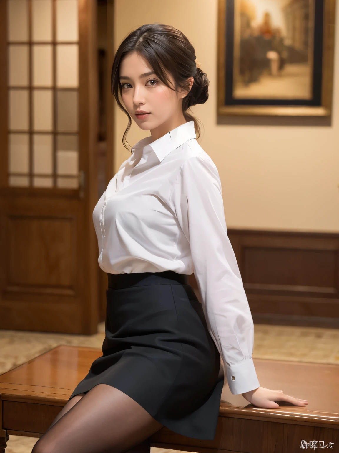 The elegant office lady looks mesmerizing., Approximately 50 years old, Her well-balanced and sophisticated charm、, Sensual yet athletic body shape. when she is confident and poised、The sway of a fitted pencil skirt with folds of pleats beckons seductively。, her high heels add an inch to her height、lengthen her graceful gait. Her bob hair is carefully arranged, Some loose hair flows gracefully around her face, Creates a retro atmosphere. She sports a garter and an anklet underneath., interrupt the ensemble.