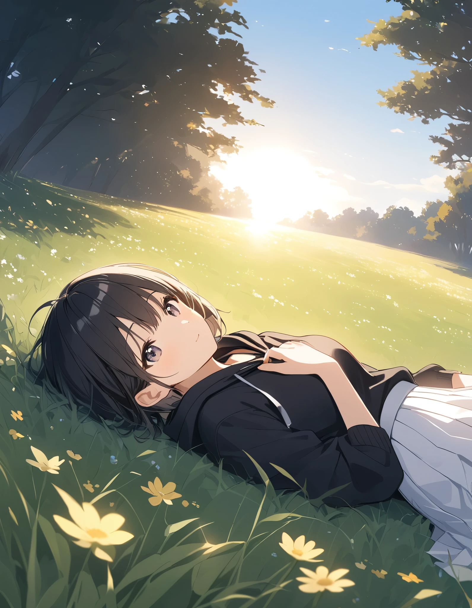 Anime girl lying on the grass with her eyes closed, ( ( makoto shinkai ) ), Makoto Shinkai Cyril Rolland, mokoto shinkai, makoto shinkai. —h 2160, Studio Greeble Makoto Shinkai, makoto shinkai!, in Makoto Shinkai's Style, Makoto Shinkai's Style
