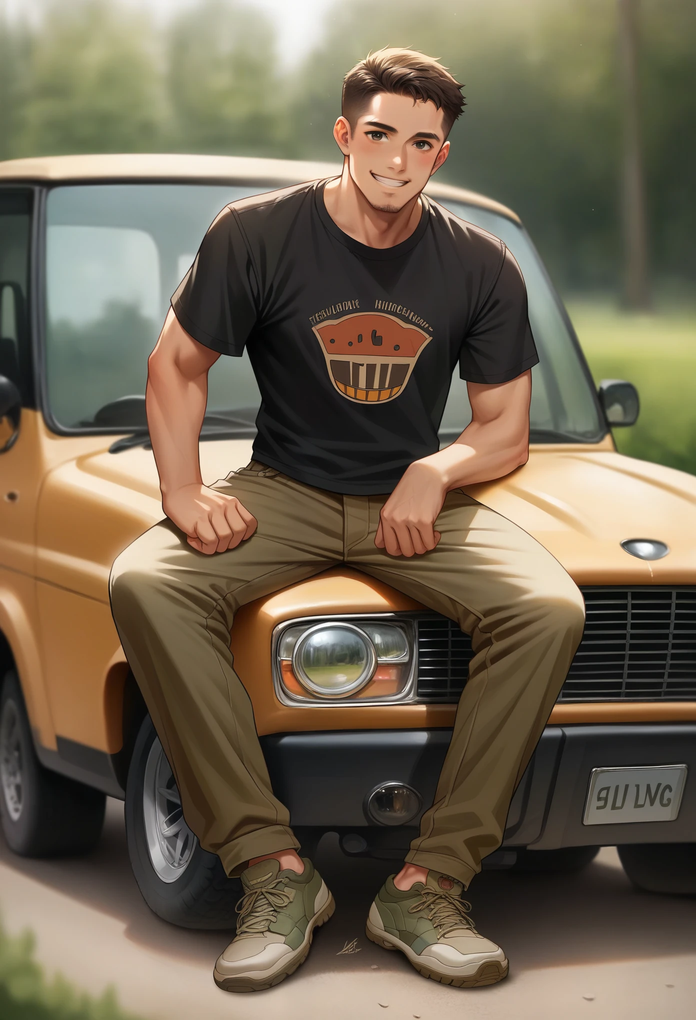 an Indonesian man, handsome with a clean face, short hair, smiling broadly, t-shirt and cargo shirt, sitting on the hood of a jeep with the license plate "N 3 O", cargo pants, tracking shoes, posing arrogantly facing the camera with a blurry background of a beautiful sunrise view.