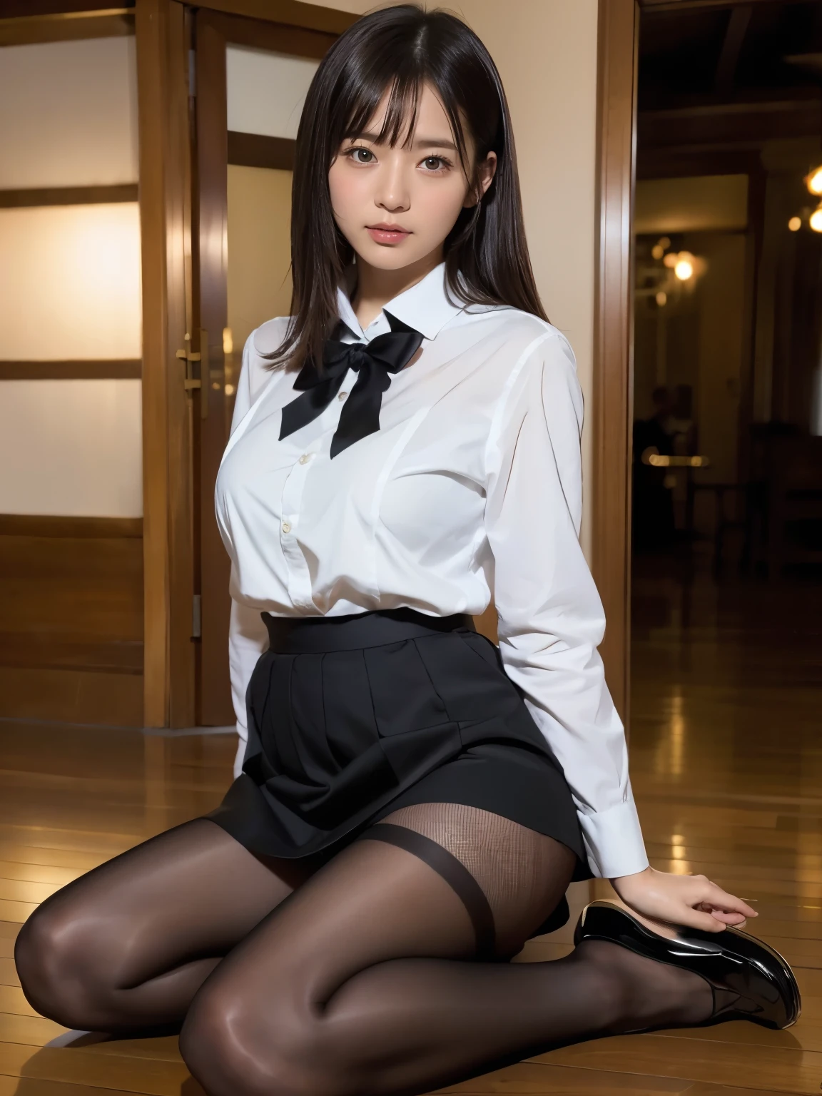 Pure young Japanese girl, wearing dark color classical suits and skirts, (pantyhose), vivid makeup, natural black hair styles, sitting in antique gothic style rooms, spread wide legs, sweet smile, secret temptations, professional portrait photography, 