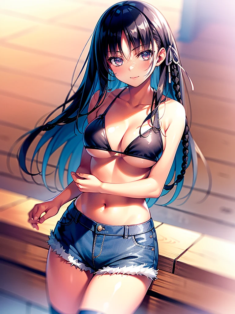 (8K, Highest quality, Highest quality, masterpiece), standing, 1girl, solo, cowboy shot, aasuzune, red eyes, short hair, black hair, (single braid:1.2), hair ribbon, bikini top, black thighhighs, smile, Denim short shorts, cleavage, underboob view, school, outdoors, large breasts, cleavage
