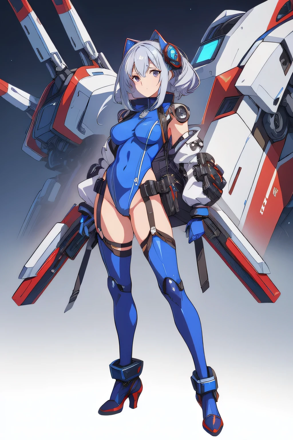 16k, highres, best quality, simple back ground, white background, full body shot
, official art,character reference:1.4,  sporty blue and silver outfit :1.2 , mecha musume:1.3,  breasts close up, epic ecchi:1.4, exoskeleton:1.7, mechanized body suit:1.6, unzipped, hold  massive chainsaw,sci-fi
, 1 milf idol oneesan girl, standing, slingshot leotard,  mechanized armor:1.4, thighhighs ,high heel:1.2, exposed clothing:1.6