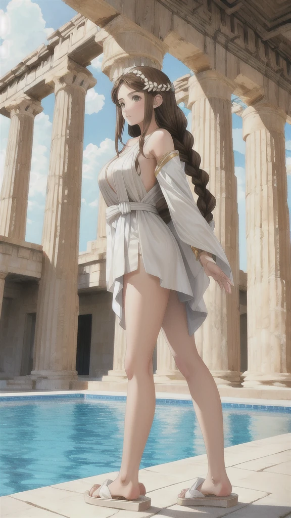 ((Greek statue of a majestic and gigantic goddess masturbating)), having long shining wand, straddling to hit her crotch against the edge of the stone pillar top, the moment of reach orgasm, open legs, raise leg, eccentric pose, open mouth, blush, drooping eyes, sleepy, (thin thighs, small breasts and buttocks)), majestic dress, (white panties), Greek temple,