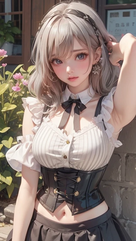 girls, gray hair, short-haired, yellow eyes, Small chest, cat hair accessories, Side Chain, gray hair, shiny hair, , (Golden Eyes: 1.2), (Skirt has two long triangular extensions, Tummy tank top corset), White buttons of vest bodice, (Short sleeve striped shirt under tank top bodice), (The sleeves end close to the arms), (There is a thick black ribbon around the neck), ( magenta skirt),