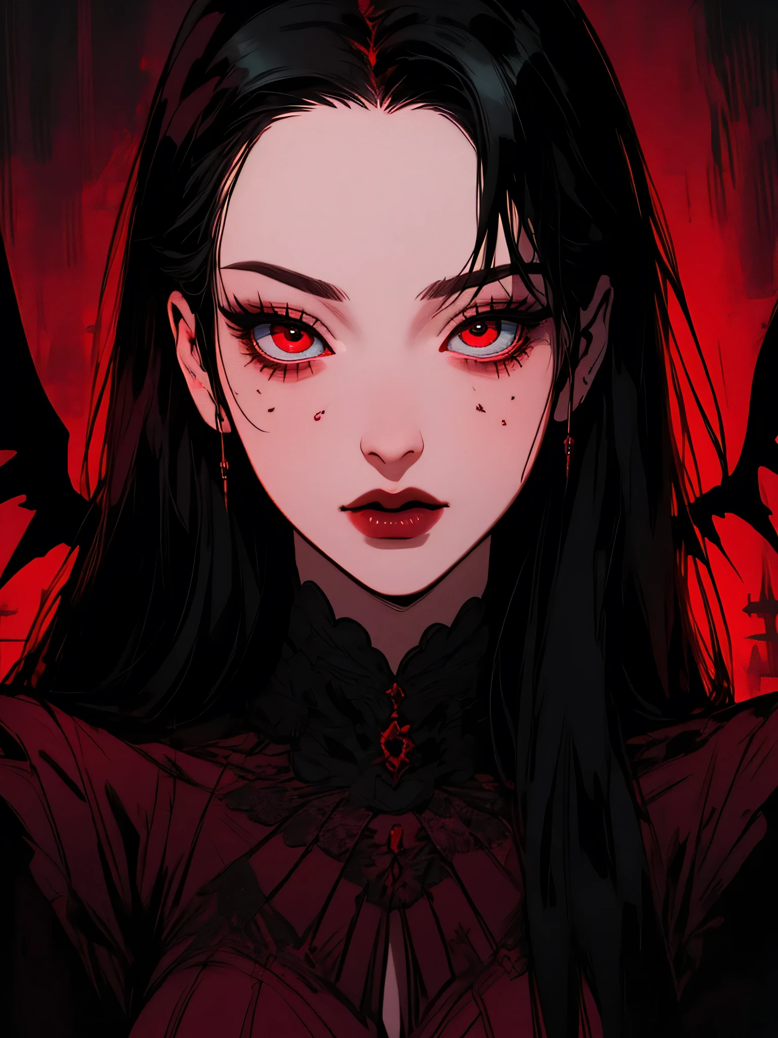 (Best quality,4K,8K,A high resolution,Masterpiece:1.2),Ultra-detailed,Beautiful detailed eyes,Long black hair,Red eyes,Black wings,[Demon wings],Extremely detailed eyes and face,[Black gloves],demon,[Red dress],dark scenery,sportrait,Colorful lighting,Sharp focus,Vivid colors，full bodyesbian