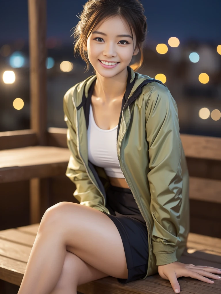 Full Body Shot, (Late-night secret meeting)
break, 
(Nylon jacket over training wear:1.2), 
break, 
View your viewers, Japanese female university student, (One Woman:1.2), She is very beautiful, Glowing Skin, Perfect Face, Cute and symmetrical face, Slender figure, Big Breasts, 
break, 
((Updo:1.2)), Brown medium hair, Wavy Hair, Makeup, 
break, 
((Outdoor:1.4)), (Night view), (Captivating smile:1.2), (8k, RAW Photos, Best Quality, masterpiece:1.2), (Realistic, Photorealistic:1.4), Very detailed, Shallow depth of field, Beautiful Hair, Beautiful Face, Beautiful attention to detail, Real Skin, Beautiful fingers, Perfect Anatomy, Perfect legs, Perfect hands, Perfect Eyes, Perfect body, double eyelid, (Natural Side Lighting, Cinema Lighting), 