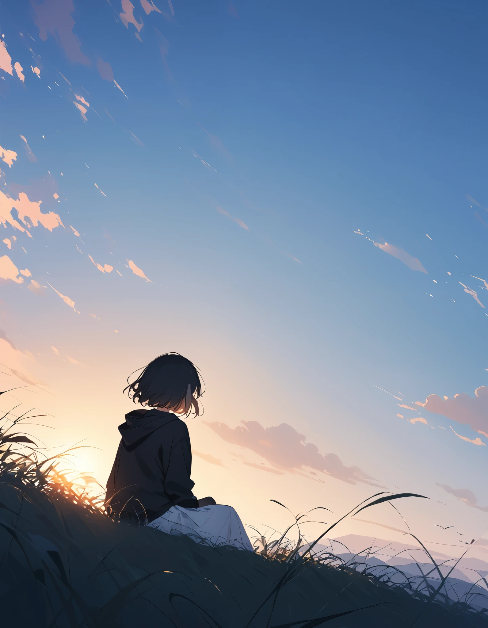 Black Hair、short hair、Black hoodie、White Skirt、1People Girls、Back view、Clear sky、sun、Backlight、silhouette、Sit on the bank、On the grass