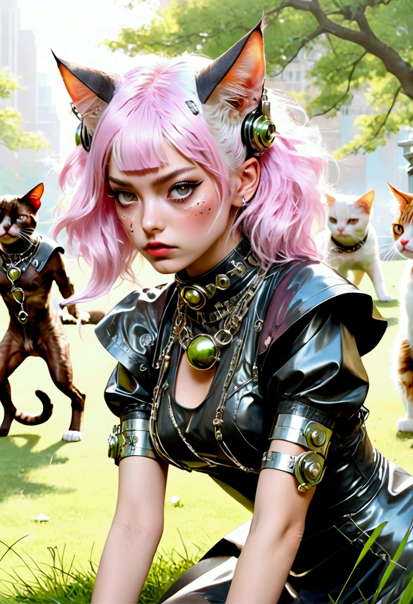 (High quality，detail-rich，Ultra-realistic 1.2)cyber punk style，Cat-eared lady，Dress normally，Delicate to the point of incredible face，devils，Crawl on the grass，sHe wears a bell around his neck，and is getting fuked doggy style, super hard buttcheek clapping together, raped in the park (1cat girl) 3 male dogs, forced sexual 👏 and pointing to her right eye. Dogs fucking a cat