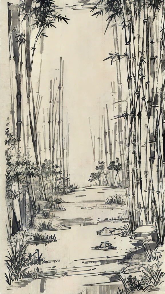 bamboo forest scenery、Line art、