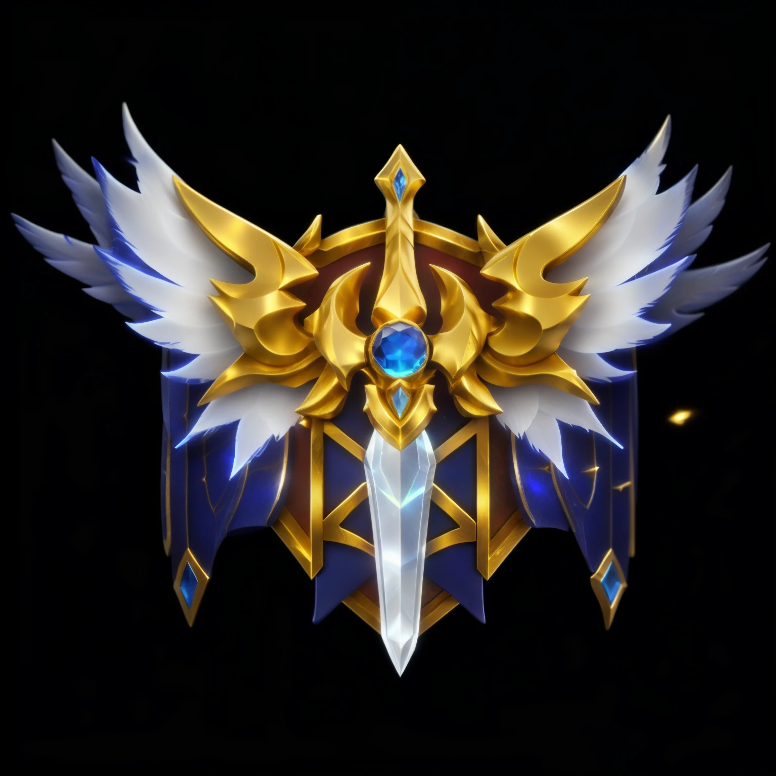 Close up of a gold and blue badge with wings, Exquisite texture:1.1)，Exquisite texture，League of Legends Inventory Items，Stylized game icons，League of Legends style，