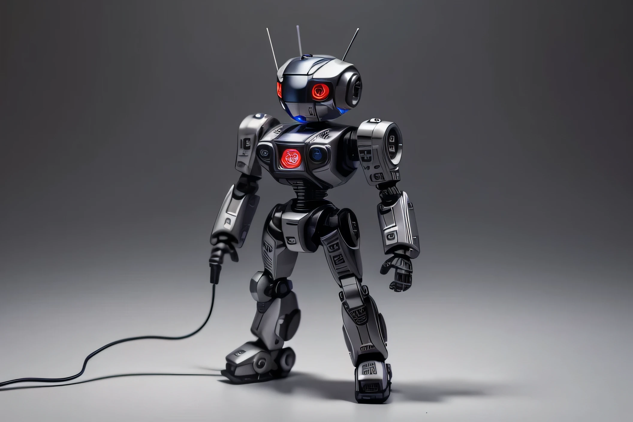 A highly detailed photograph of a super mini robot, standing no taller than a few inches, carrying a tiny backpack. The robot has intricate mechanical parts, with visible gears, joints, and metallic textures. Its backpack is small but well-defined, with tiny straps and zippers, perfectly scaled to the robot's size. The robot is placed on an isolated white background, with sharp focus on its details, including small LED lights on its body. The overall design is futuristic yet charming, with a high level of precision in every component