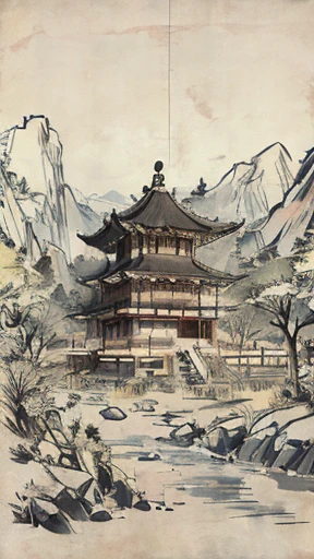 painting of a mountain scene with a temple and a mountain, ancient china art style, qing dynasty, song dynasty, inspired by Yang Buzhi, chinese landscape, traditional chinese art, chinese style painting, ming dynasty, chinese art, tang dynasty palace, by Li Di, dreamland of chinese, by Zhu Da, beautiful render of tang dynasty, tang dynasty