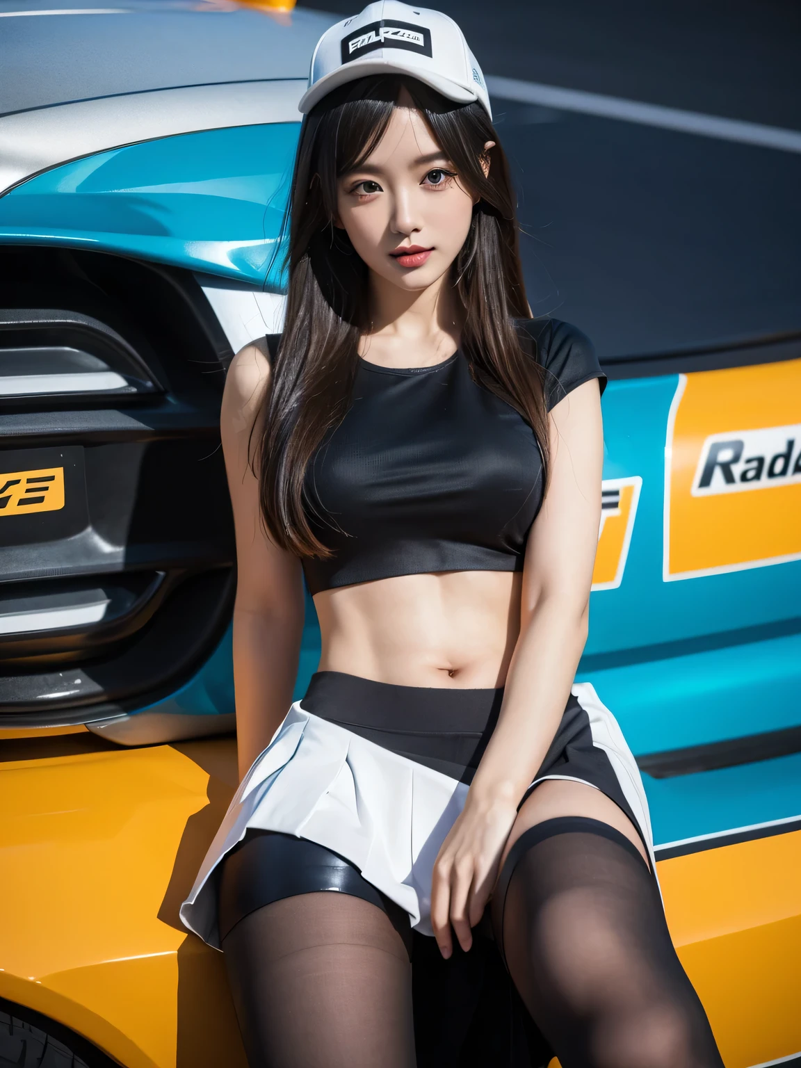 Ultra detailed face、、Colorful costumes、F1 Driver Cosplay、Colorful costumes、Company logo、The Grid Girls' colorful and flashy costumes、Grid Girls、Perfect Face、Paddock Girl、Motor Show、tights、Bodycon Costume、Grid Girls、Russia、Grid Girlsのコスプレ、belly button、Pleated skirt、Bodycon Costume、Sexy pose、Pose showing buttocks