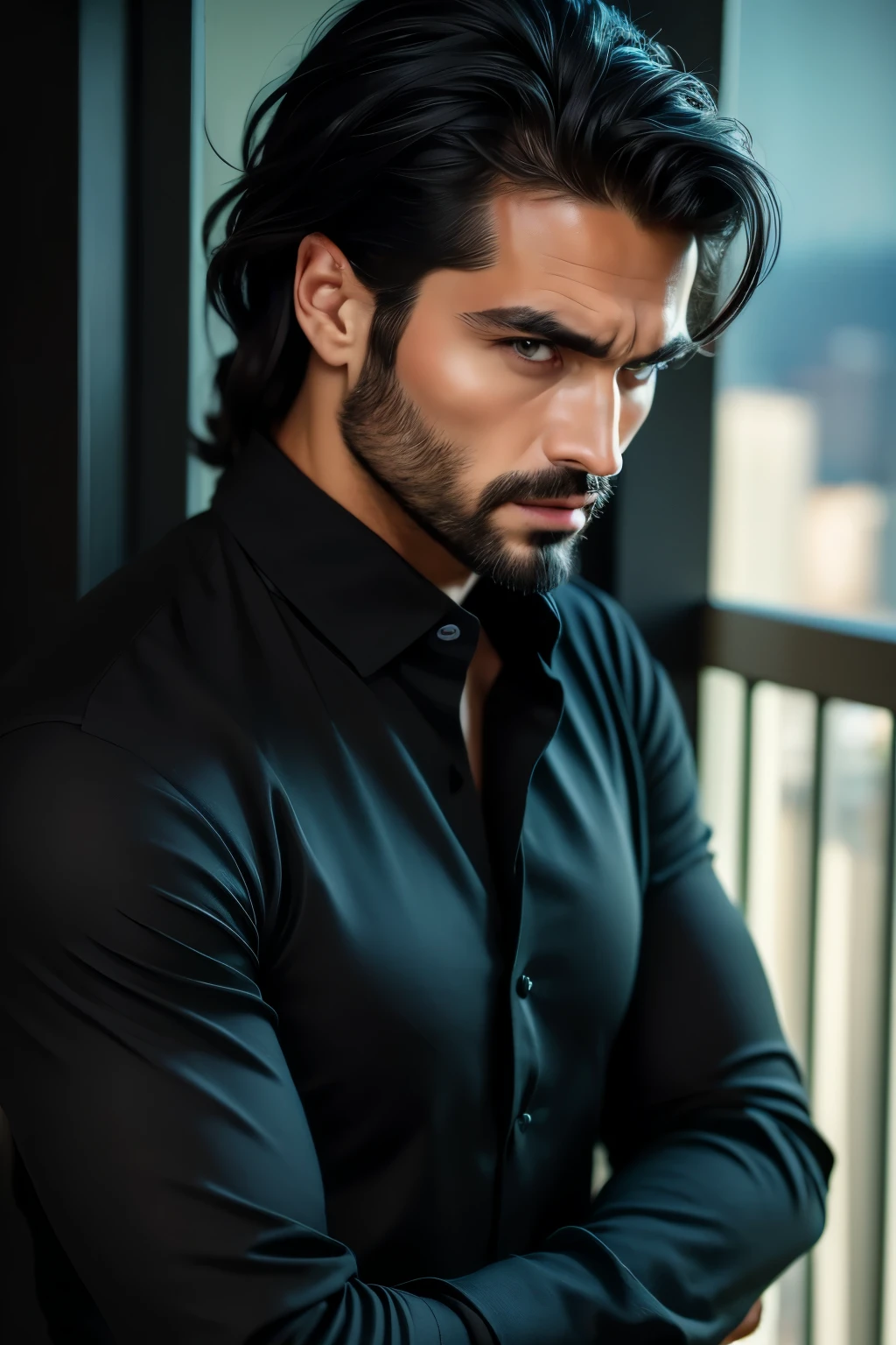 ((close-up face)). Photorealism, handsome man with strong jawline and perfect nose like a greek god, dark thick touseled hair, stunning and captivating dark bluish gray eyes wearing casual black longsleeve shirt opened button neckline, black sleek pants, natural pose with both hands in pants pockets standing on a balcony of a hotel