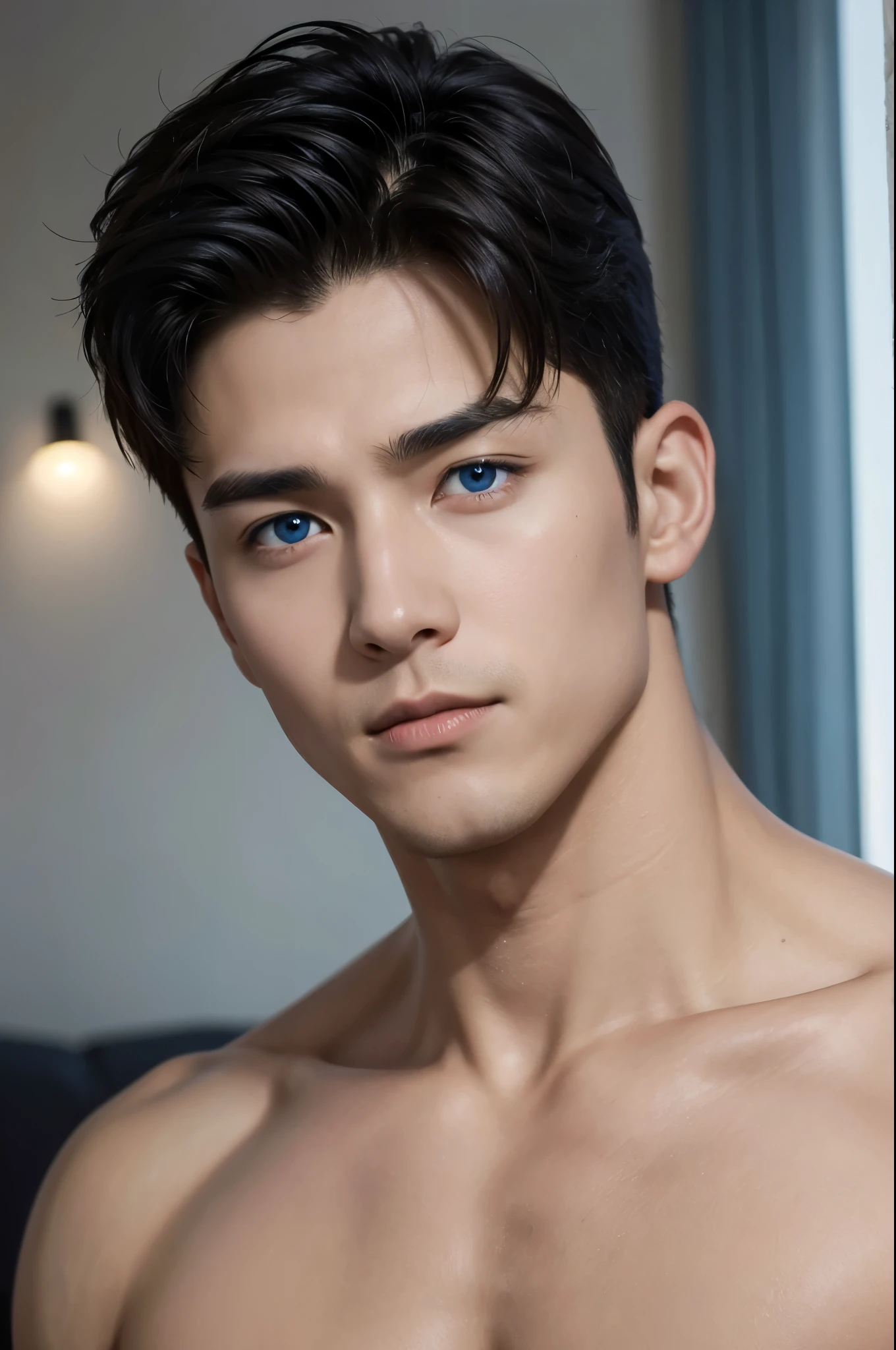 Create realistic images, High resolution photo with a handsome Korean guy, Heterochromatic blue colour eyes, He was shirtless  ..,nice skin,half body portrait,Open it up...,short light brown hair.,strong