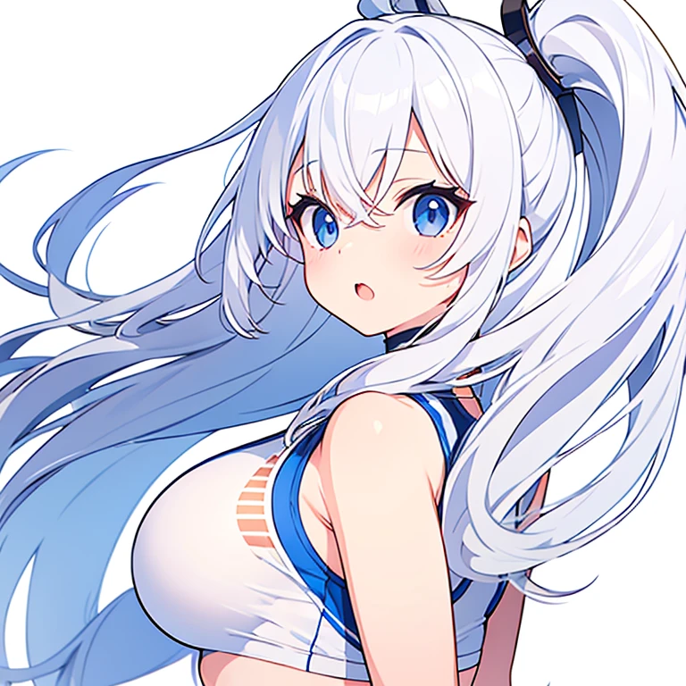 (Pure white background)、Sports Bra、Large Breasts、Mouth open、tachi-e、Standing still、Hands behind back、Long white hair