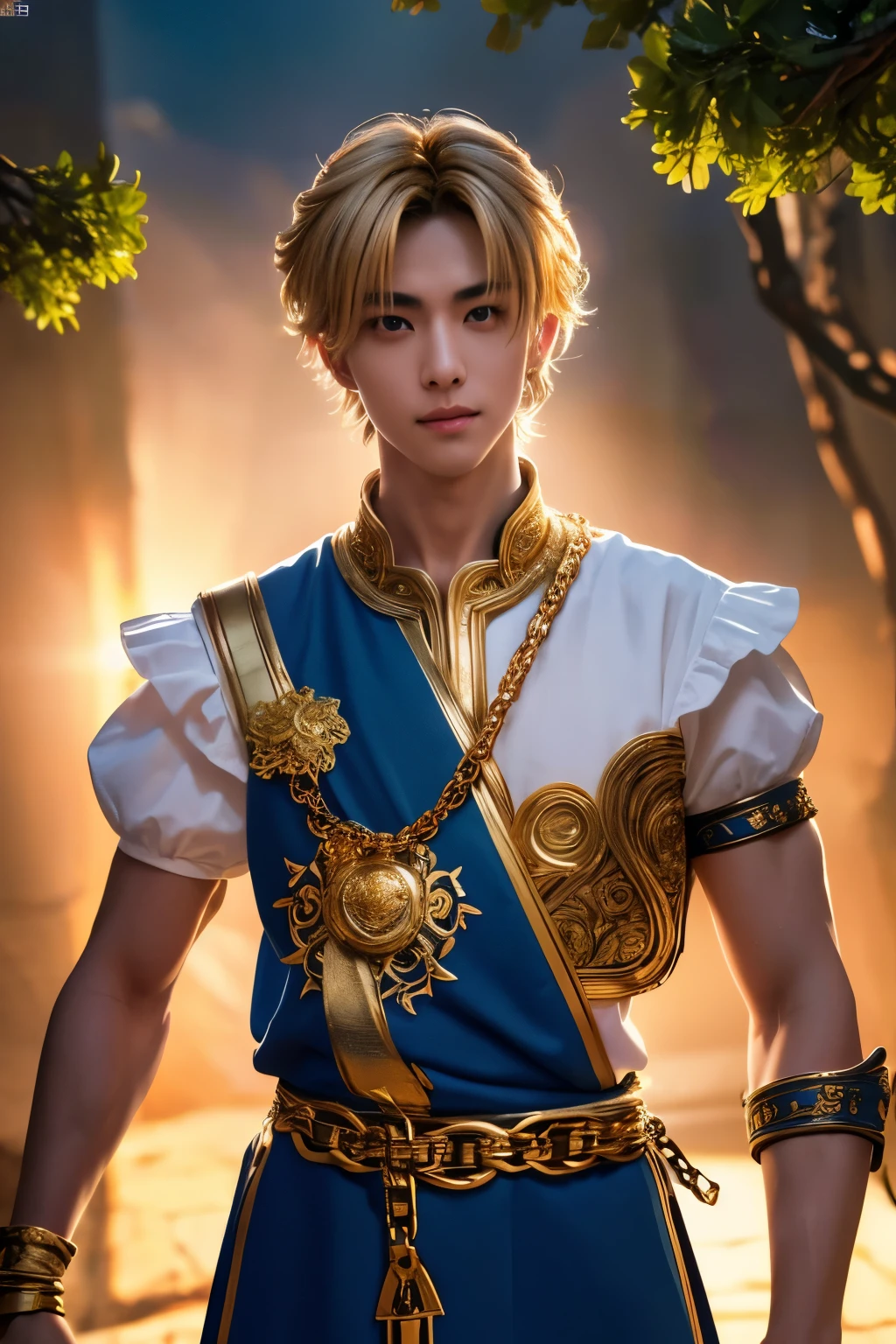 1boy, masterpiece, realistic, absurdres, best quality, high resolution, Kurapika, japanese boy, very handsome, perfect face, cute face, intricate detail, clear and beautiful detailed eyes, golden hair, shiny hair, blue tabard, white shirt, gold trim, holdig a chain, chains flying, slim muscular, handsome muscle, detailed skin, perfect hand, good anatomy, looking at camera, action scene, dynamic pose, fantasy, night, tree, Moonlight at night, wilderness, flowers, skynight, studio lighting, soft light, upper body portrait, front view, Professional photography, 8K UHD,