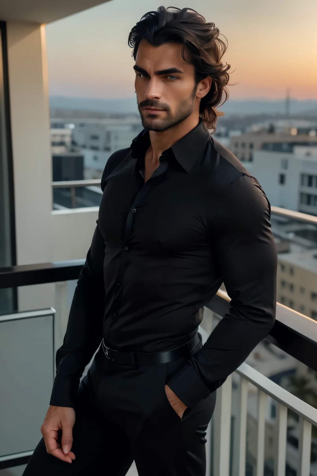 ((close-up face)). Photorealism, handsome man with strong jawline and perfect nose like a greek god, dark thick touseled hair, stunning and captivating dark bluish gray eyes wearing casual black longsleeve shirt opened button neckline, black sleek pants, natural pose with both hands in pants pockets standing on a balcony of a hotel