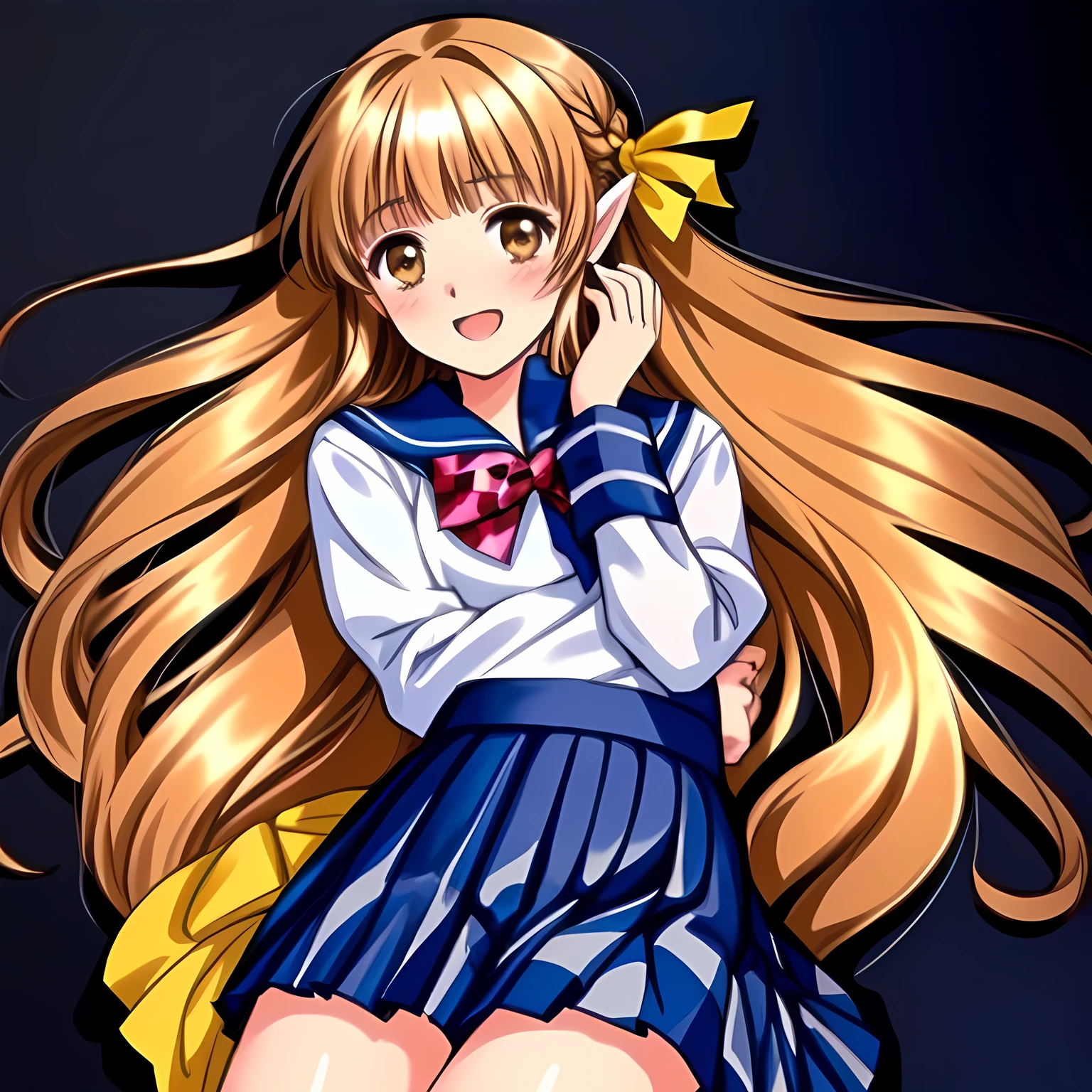 (highest quality, masterpiece: 1.6), (Beautiful noble yo beautiful lying anime noble heroine's portrait, Solo beautiful giggling noble elegant 15yo neat anime heroine wares blue sailor-styled uniform is lying on a magical sexy bed and inviting me into deep harem of siren and succubi, Noble Elegant, navy sailor uniform: 1.5), (Anime-heroine's girly noble laughing giggling brown eyes: 1.6), (Realistic Charming neat navy-colored very-neat well-pleated long checkered school skirt: 1.5), (black background: 1.7), (Eyes, face and hair, and skirt is especially cutely detailed and carefully drawn), (Girl whom everyone loves because of her beauty and lovely fashion and noble manner and mind of succubus and magic-charm of succubus: 1.0), (Very beautiful, wavy, cutely super-super-long straight gorgeous rich black hair like hair model, with elegant big yellow hair ribbons: 1.3), (Drives me crazy for their neat skirts and Make me fall into their skirts: 1.5), 