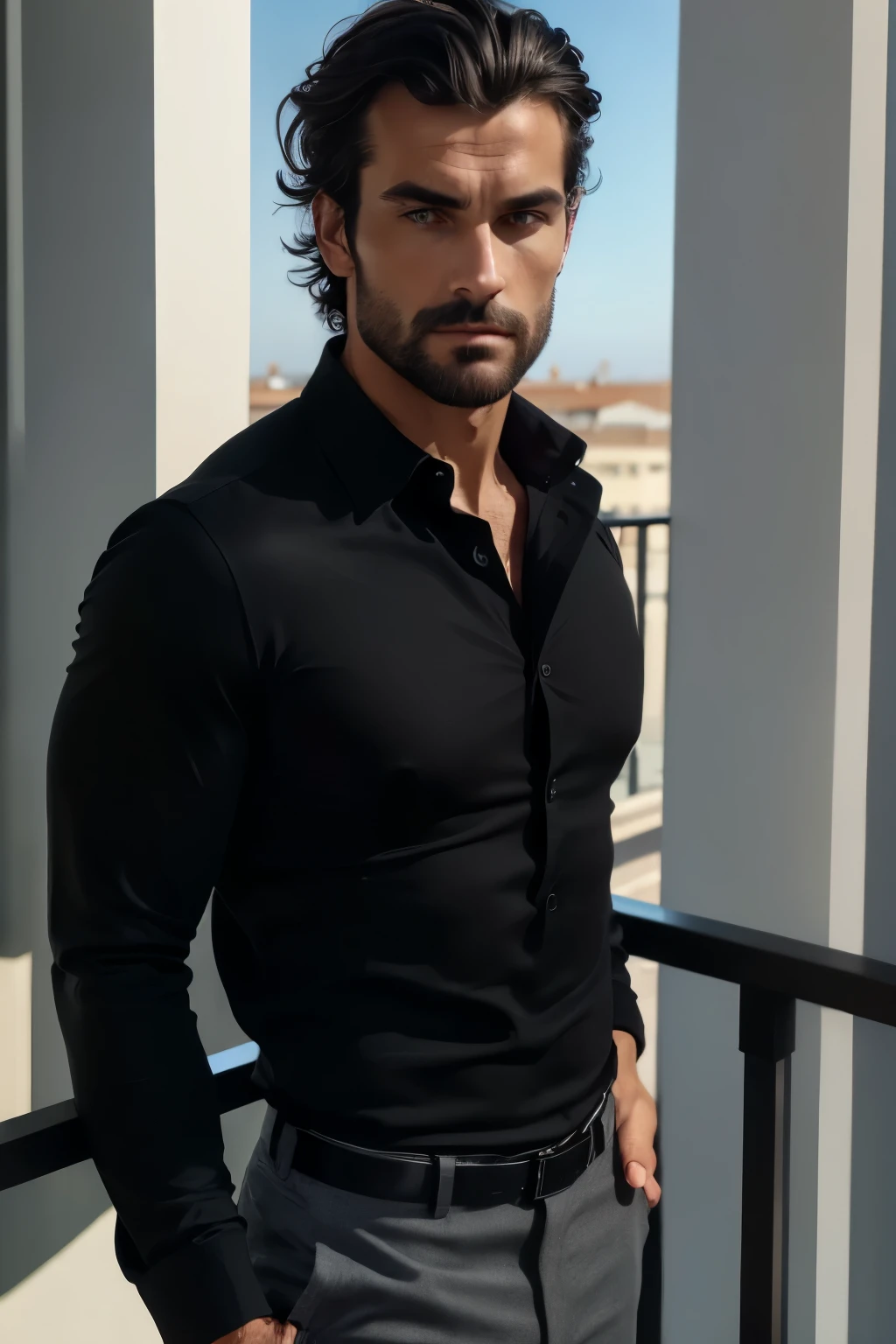 ((close-up face)). Photorealism, handsome man with strong jawline and perfect nose like a greek god, dark thick touseled hair, stunning and captivating dark bluish gray eyes wearing casual black longsleeve shirt opened button neckline, black sleek pants, natural pose with both hands in pants pockets standing on a balcony of a hotel