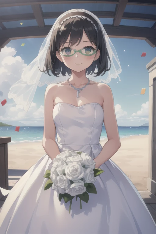 (((Pixel Perfect, Details - Perfect))), Alone, One girl, wedding dress, Strapless, necklace, White Dress,  standing, Cowboy Shot, Holding a bouquet, Open your mouth, smile, Confetti, shrine,Soft Light,Standing,A gentle breeze,, short_hair, Glasses, black_hair, hairband, Green Frame_Glasses, headgear